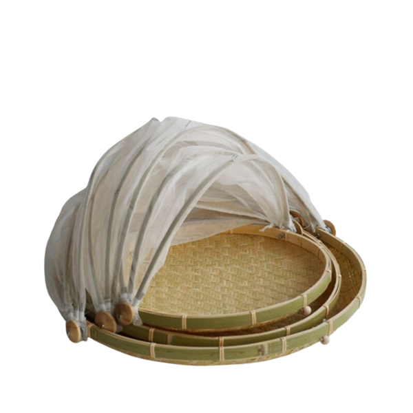 3 Bamboo Storage Basket Food with Net Cover, Handmade Woven Tent Basket Tray, Fruit Vegetable Bread Basket Picnic Net, Made for ParashuteHome