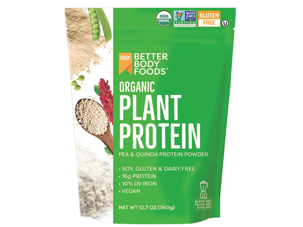 BetterBody Foods Organic Plant Based Protein Powder, - 16g of Protein, Vegan, Low Net Carbs, Gluten Free, Dairy Free, No Sugar Added, Soy Free, Non-GMO, 360 gram