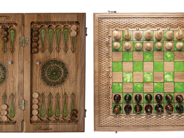 Green HandMade Epoxy Classic Chess with Backgammon. Made for parashuteHome.