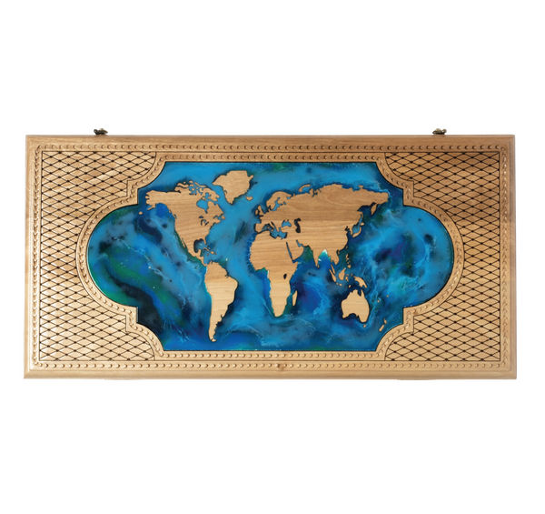 HandMade World Map  Epoxy Backgammon Classic light color wood. Made for parashuteHome.