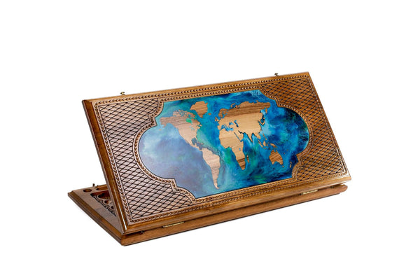 HandMade World Map  Epoxy Backgammon Classic Dark color wood. Made for parashuteHome.